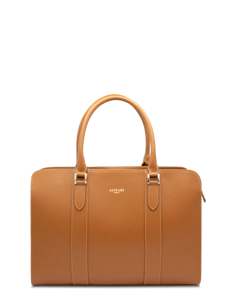 Alinari Tote, work tote in camel textured Italian leather – front view – Made in Italy