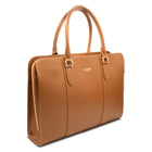 Alinari Tote, work tote in camel textured Italian leather – three-quarter view
