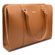 Alinari Tote, work tote in camel textured Italian leather – three-quarter view