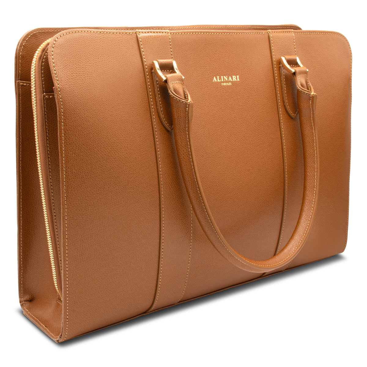Alinari Tote, work tote in camel textured Italian leather – three-quarter view