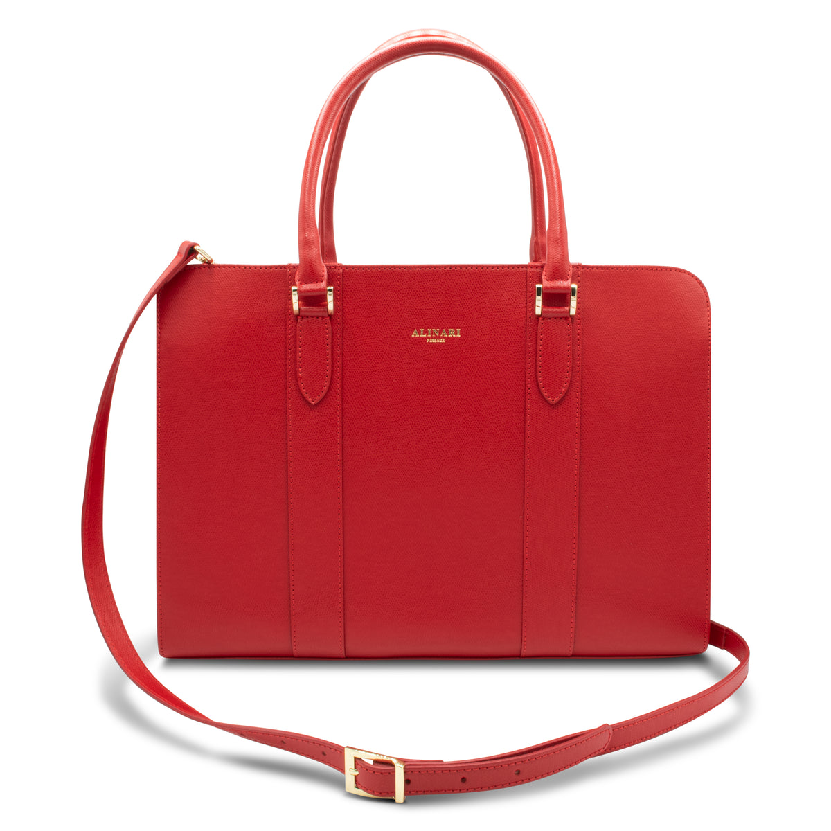 Alinari Tote, tote da lavoro in pelle italiana testurizzata rossa – vista frontale con tracolla
