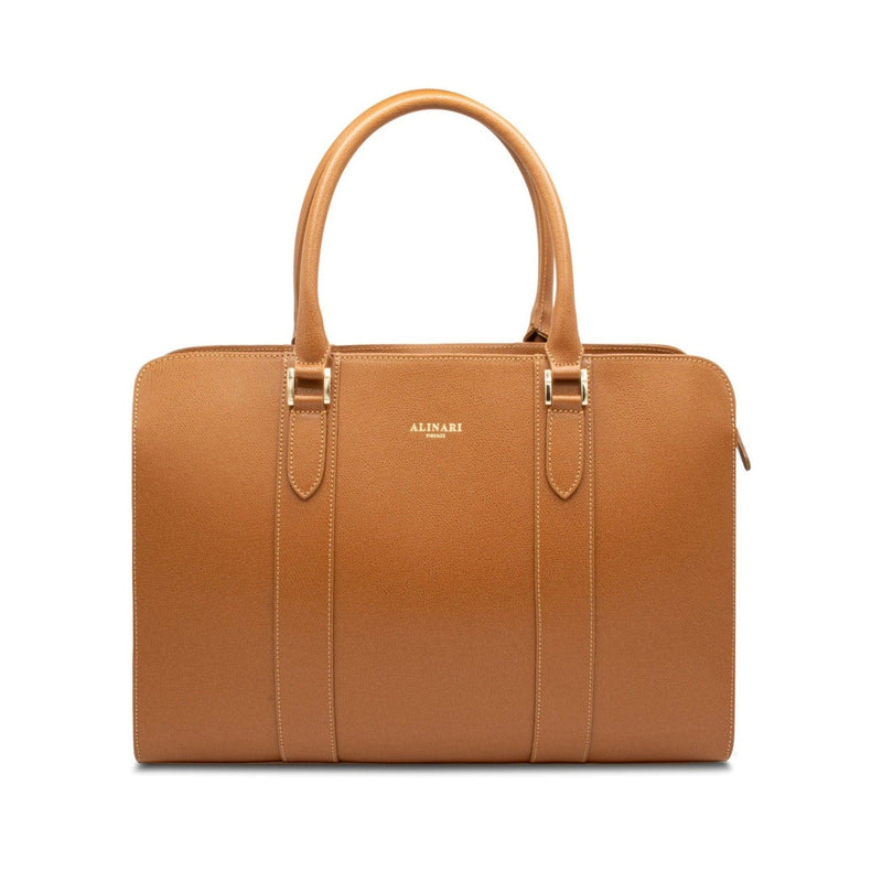 Alinari Tote, work tote in camel textured Italian leather – front view – Made in Italy
