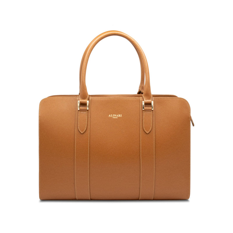 Alinari Tote, work tote in camel textured Italian leather – front view – Made in Italy