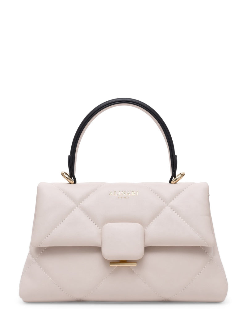 Alita quilted leather shoulder bag in white, front view