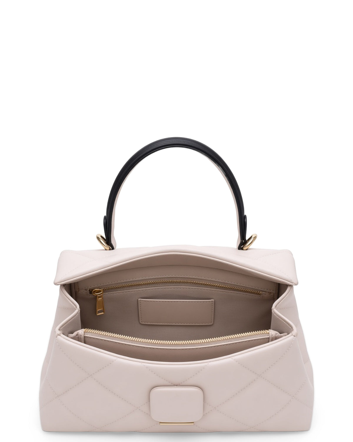 Alita quilted leather shoulder bag in white, open to show the inside