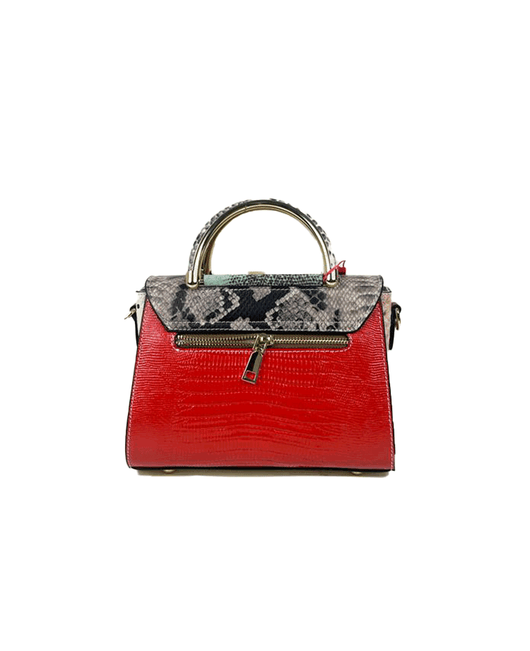 An Amira Classic Bag by Alinarifirenze, with snake print leather and a metal handle.