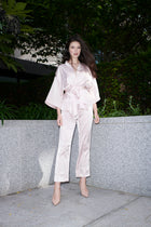 Bianca, kimono top and trouser set in blush 100% Mulberry silk – on model – Alinari Firenze