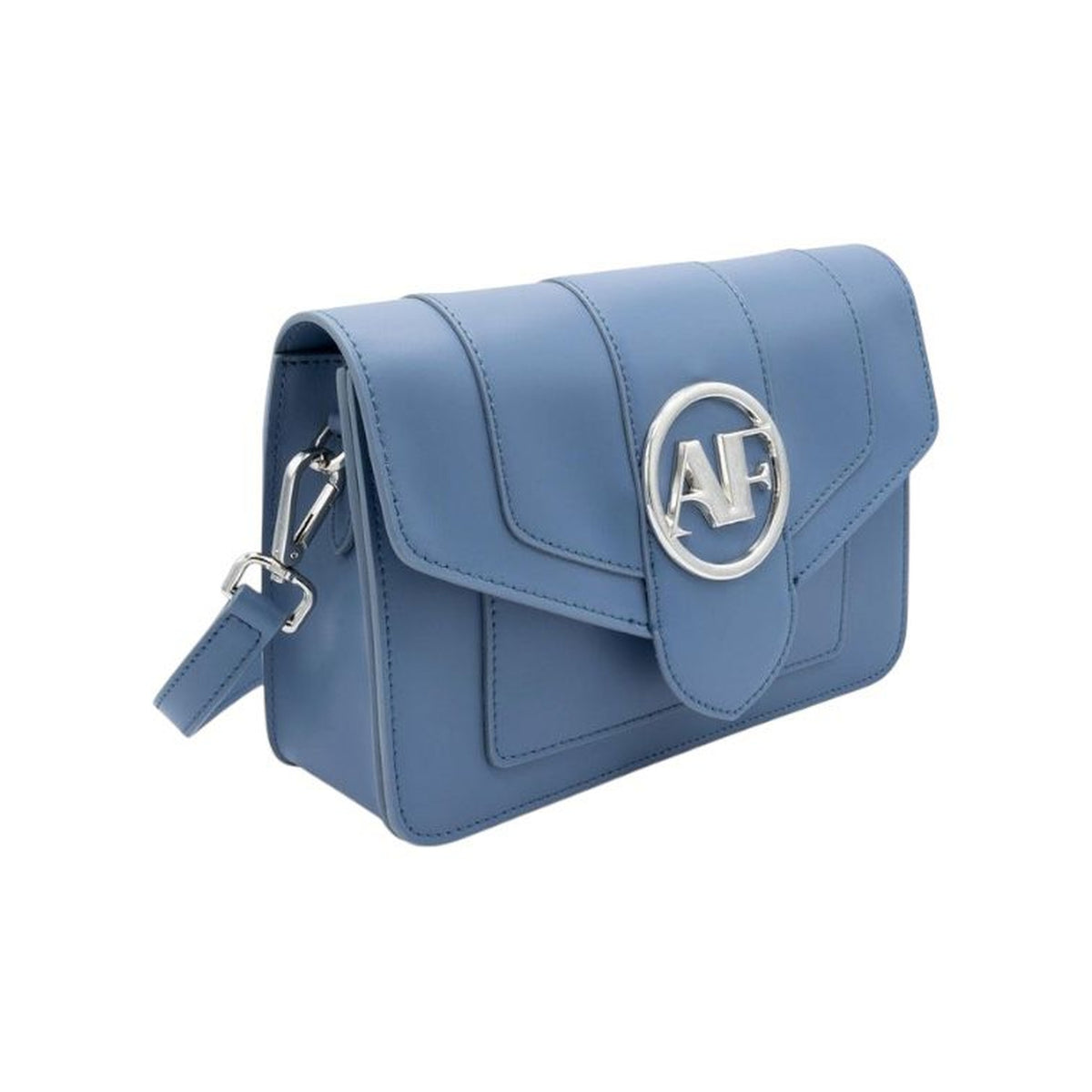 Brera, crossbody bag in blue smooth Italian Ruga leather – three-quarter view with strap