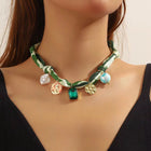 Charm Silk Scarf Necklace, necklace in multicolour printed scarf and alloy charms – styled view – Alinari Firenze