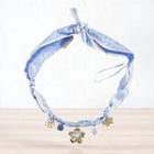 Charm Silk Scarf Necklace, necklace in blue printed scarf and alloy charms – product view – Alinari Firenze