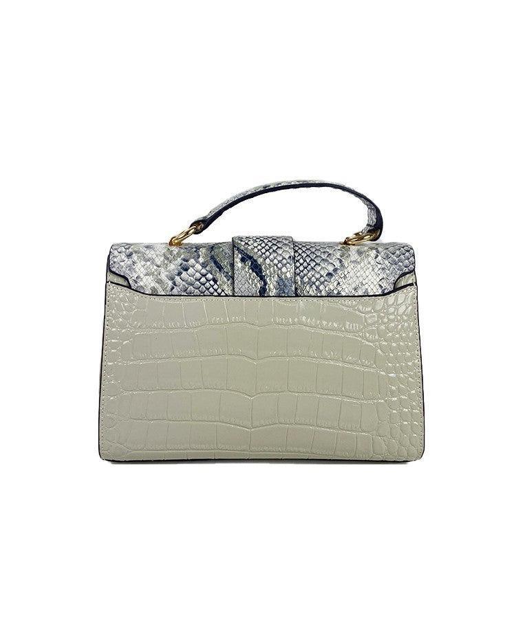 The Chiara Classic Bag by Alinarifirenze features standout Croco and Snake print accents.