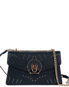 Ela, chain shoulder bag in black studded Italian leather – front view with chain strap – Made in Italy