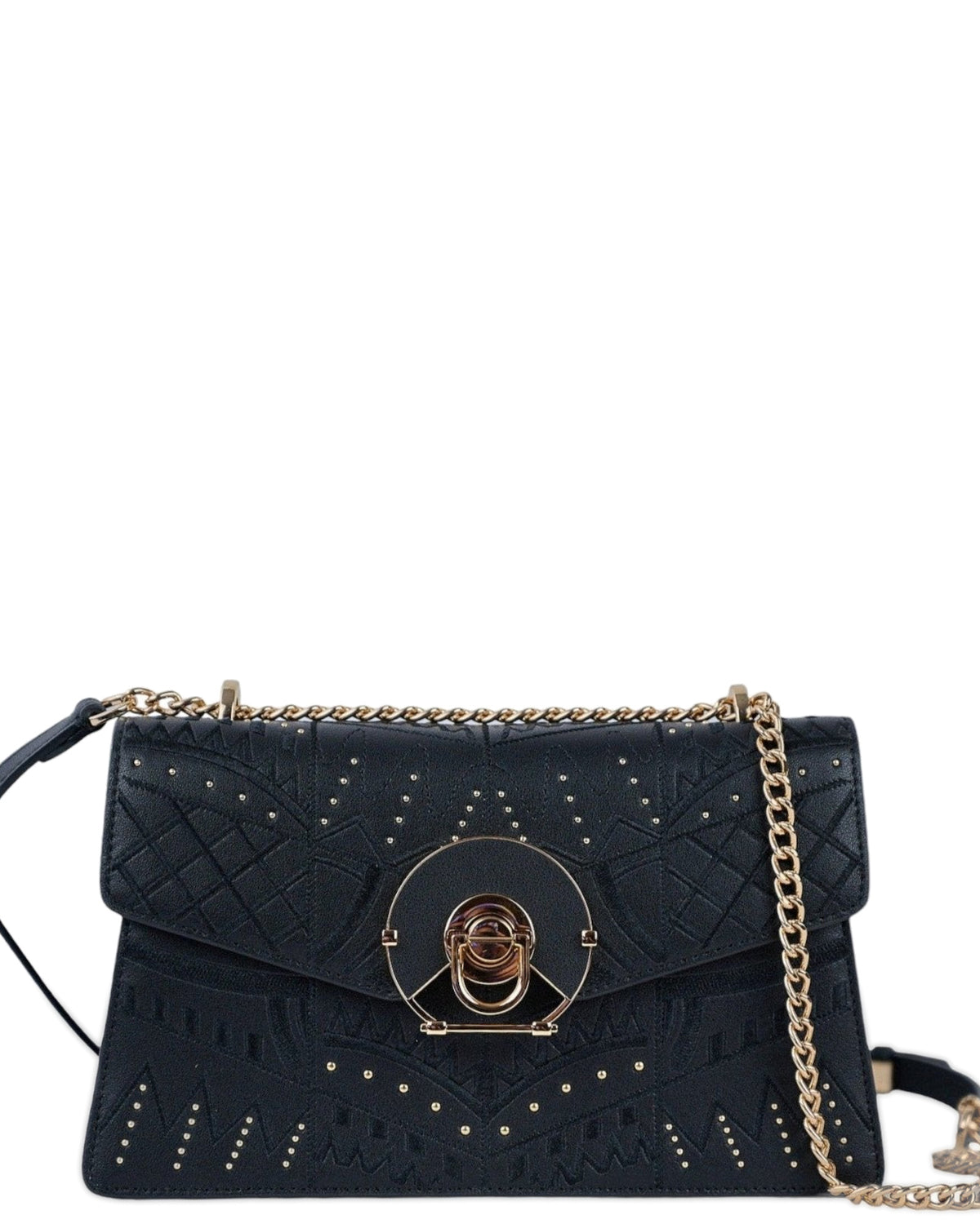 Ela, chain shoulder bag in black studded Italian leather – front view with chain strap – Made in Italy