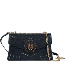 Ela, chain shoulder bag in black studded Italian leather – front view with chain strap – Made in Italy