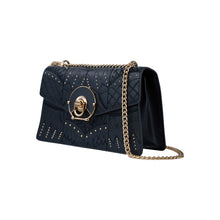 Ela, chain shoulder bag in black studded Italian leather – three-quarter view