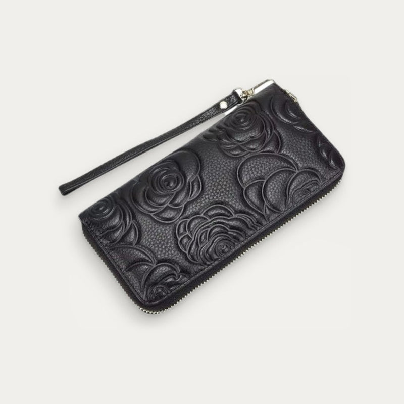 Elegant Wallet, zip-around wallet in black floral-embossed leather – front view – Alinari Firenze