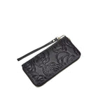 Elegant Wallet, zip-around wallet in black floral-embossed leather – front view – Alinari Firenze
