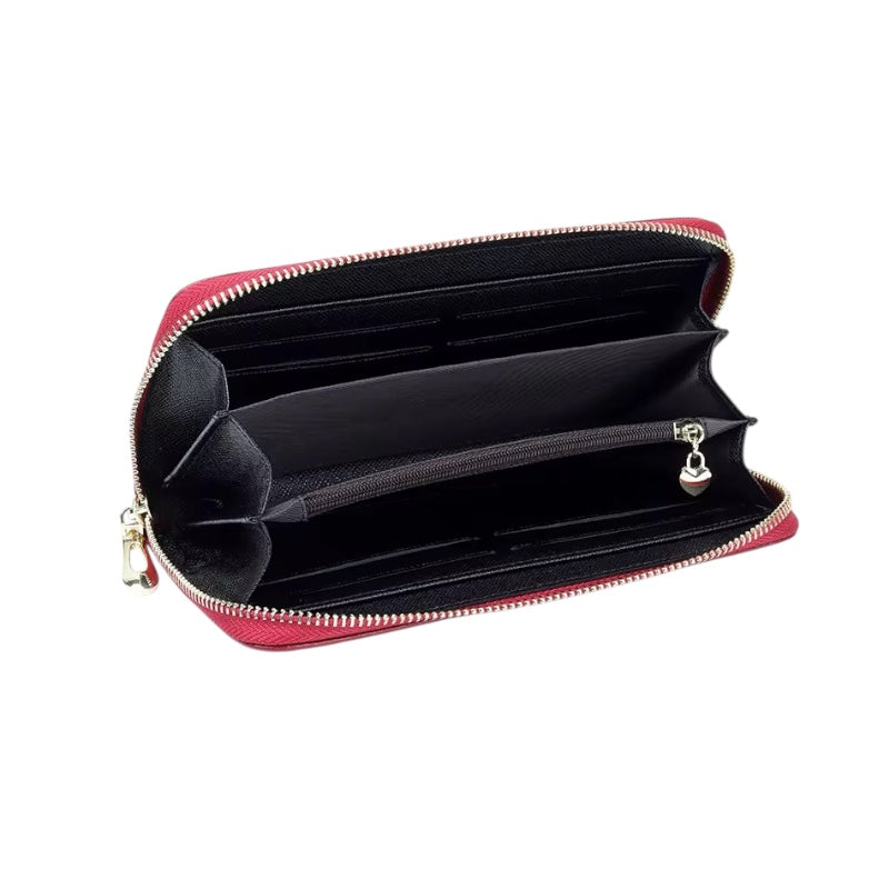 Elegant Wallet, zip-around wallet in red floral-embossed leather – product view – Alinari Firenze