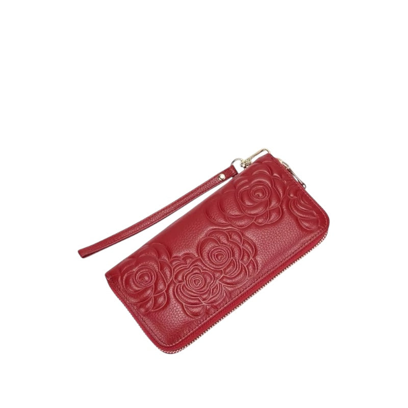 Elegant Wallet, zip-around wallet in red floral-embossed leather – product view 2 – Alinari Firenze