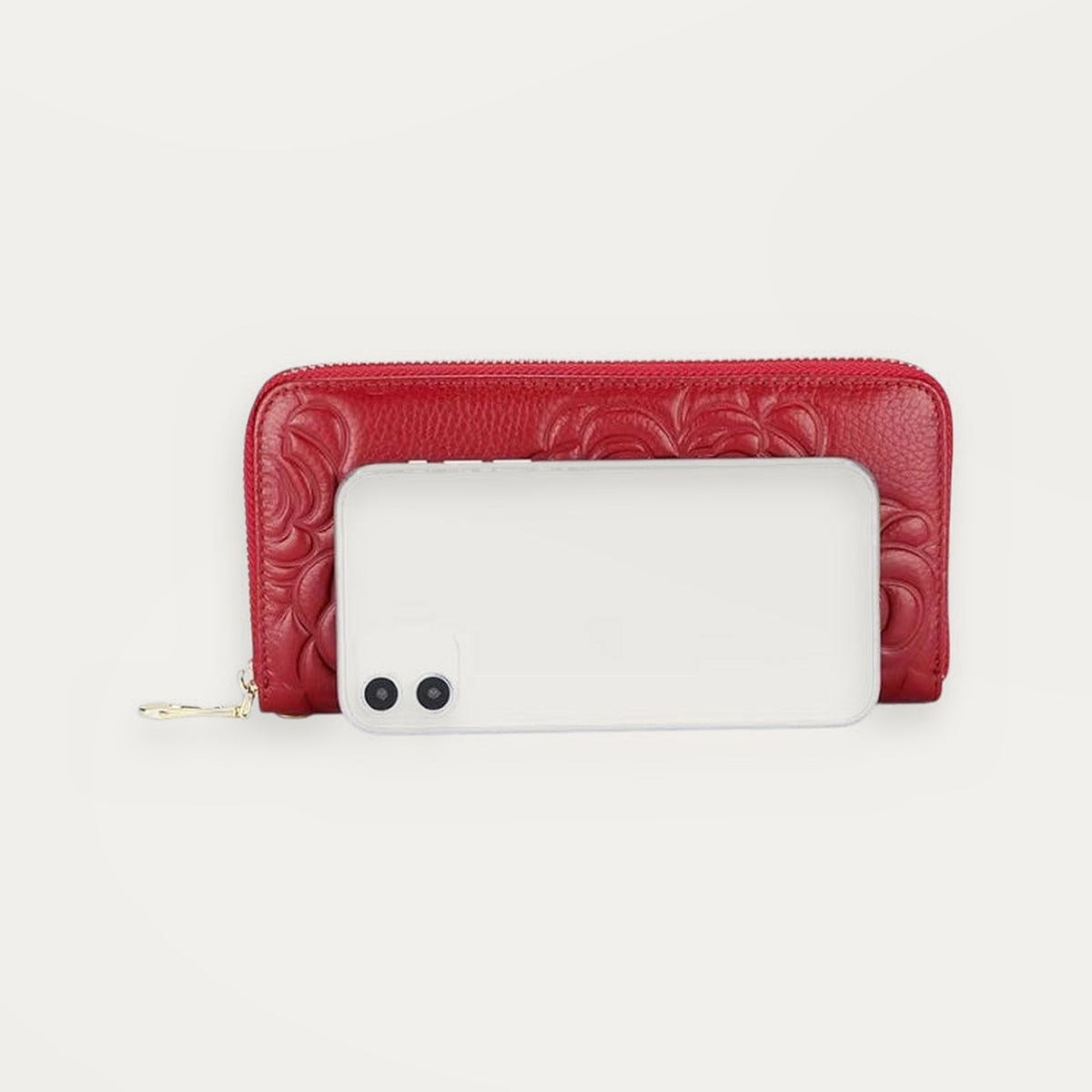 Elegant Wallet, portemonnee met rits rondom van rood leer met bloemenreliëf – productfoto 3 – Alinari Firenze