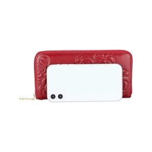 Elegant Wallet, zip-around wallet in red floral-embossed leather – product view 3 – Alinari Firenze