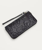 Elegant Wallet, portemonnee met rits rondom van zwart leer met bloemenreliëf – vooraanzicht – Alinari Firenze