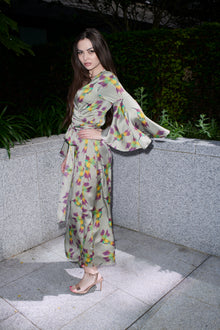 Fiona, wrap dress in sage hummingbird-print 100% Mulberry silk – on model 3 – Alinari Firenze