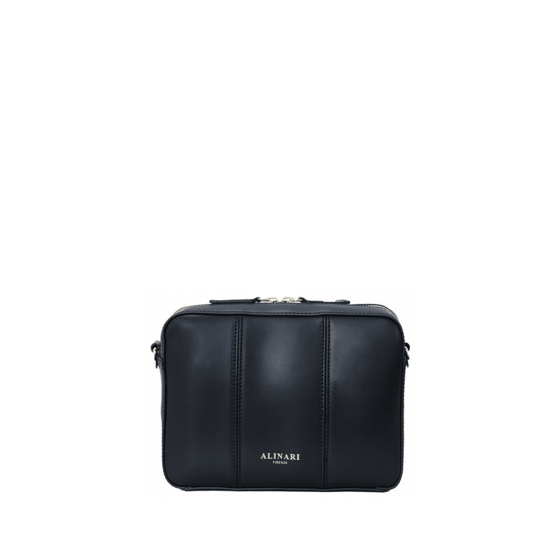 Flavia, crossbody bag in black Italian Ruga leather – front view without strap