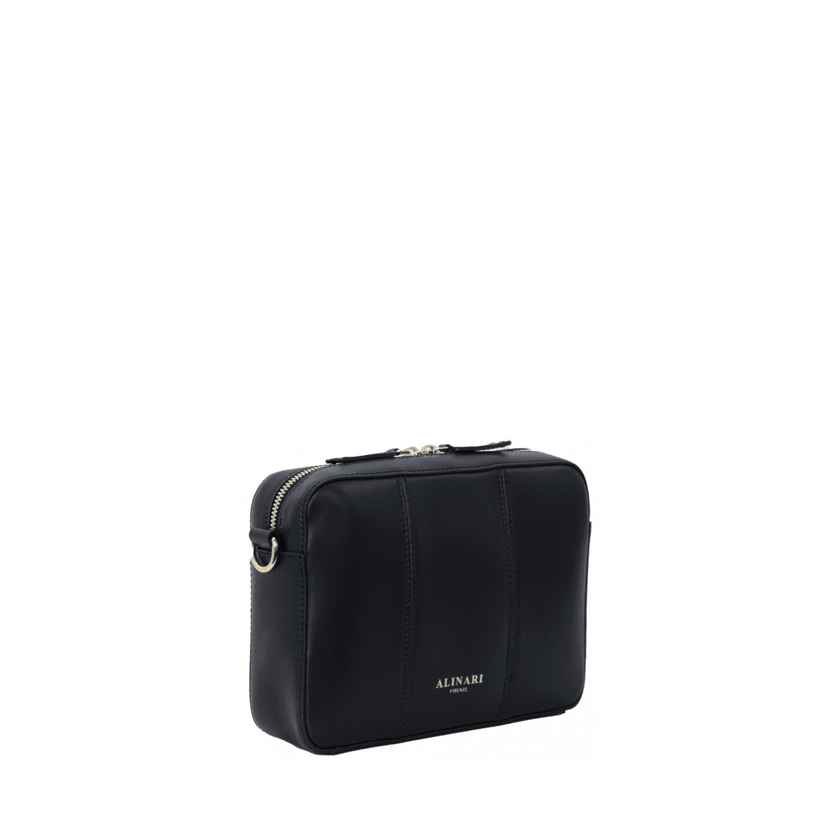 Flavia, crossbody bag in black Italian Ruga leather – three-quarter view