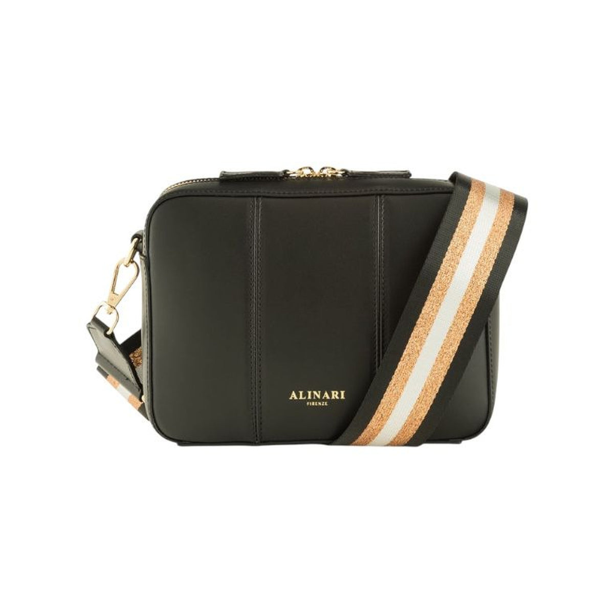Flavia, crossbody bag in black Italian Ruga leather – front view with shoulder strap