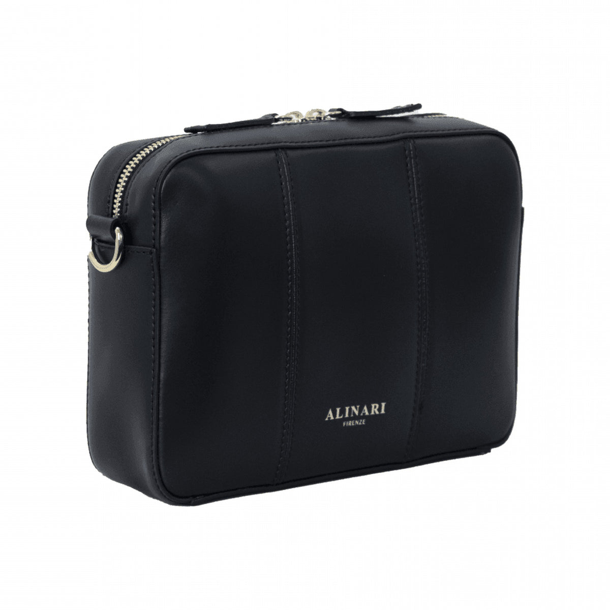 Flavia, crossbody bag in black Italian Ruga leather – three-quarter view