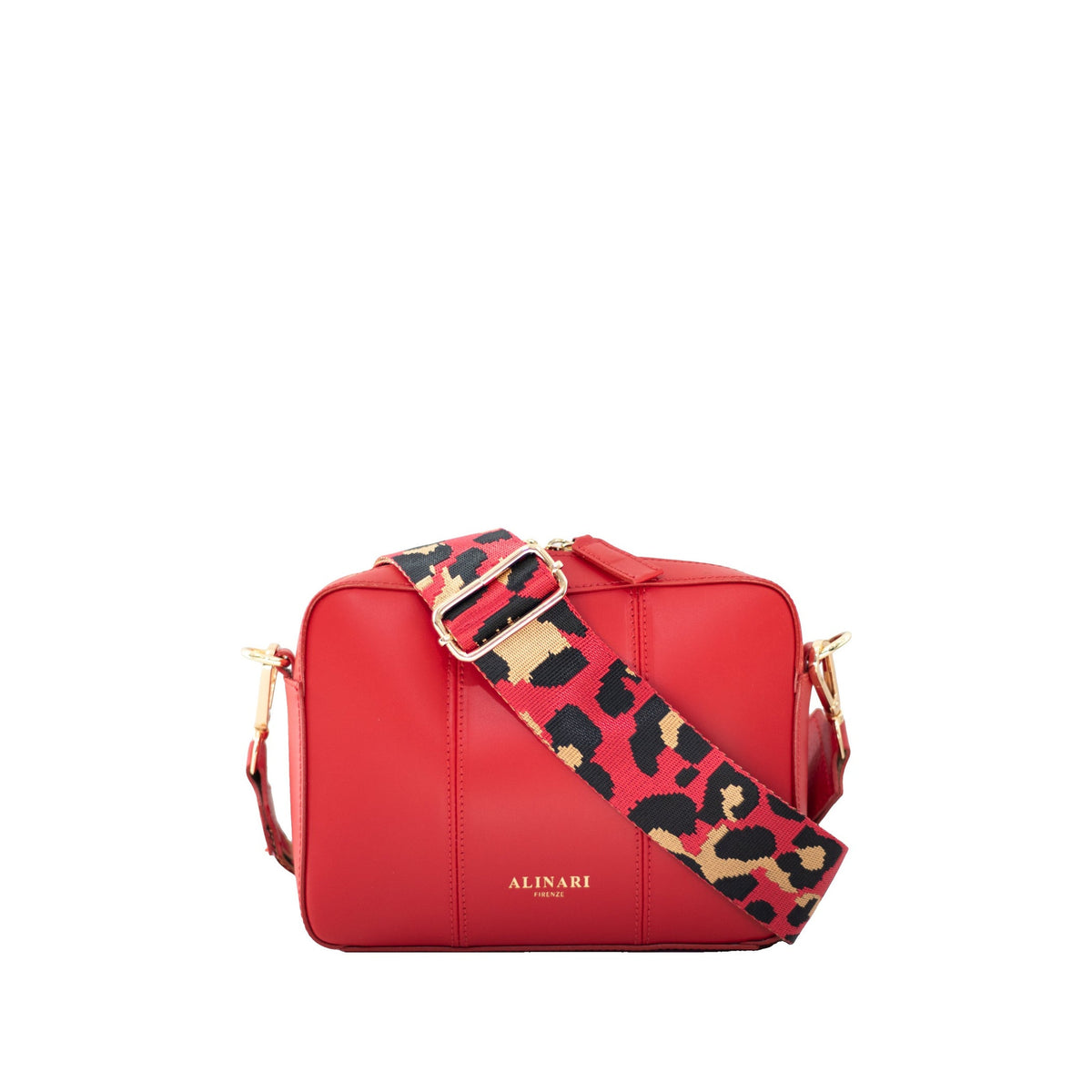 Flavia, crossbody bag in red Italian Ruga leather – front view with shoulder strap – Made in Italy