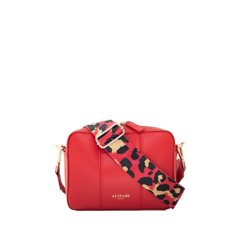 Flavia red leather crossbody bag with leopard-print strap – front view