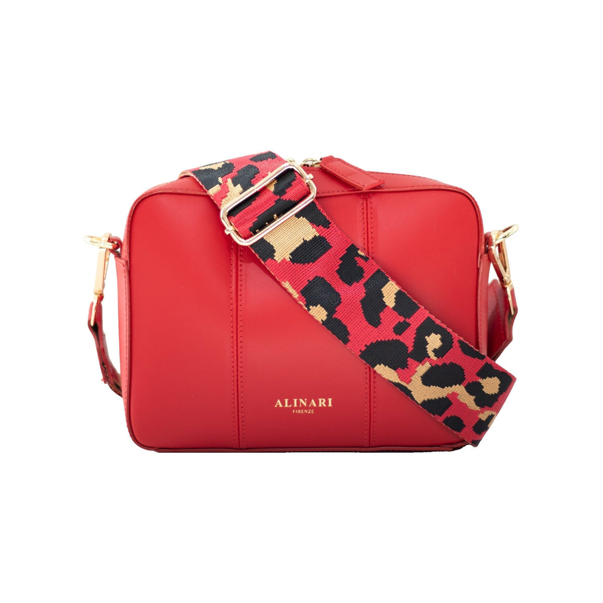 Flavia, crossbody bag in red Italian Ruga leather – front view with shoulder strap – Made in Italy