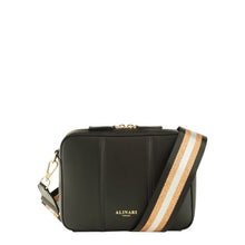 Flavia, crossbody bag in black Italian Ruga leather – front view with shoulder strap