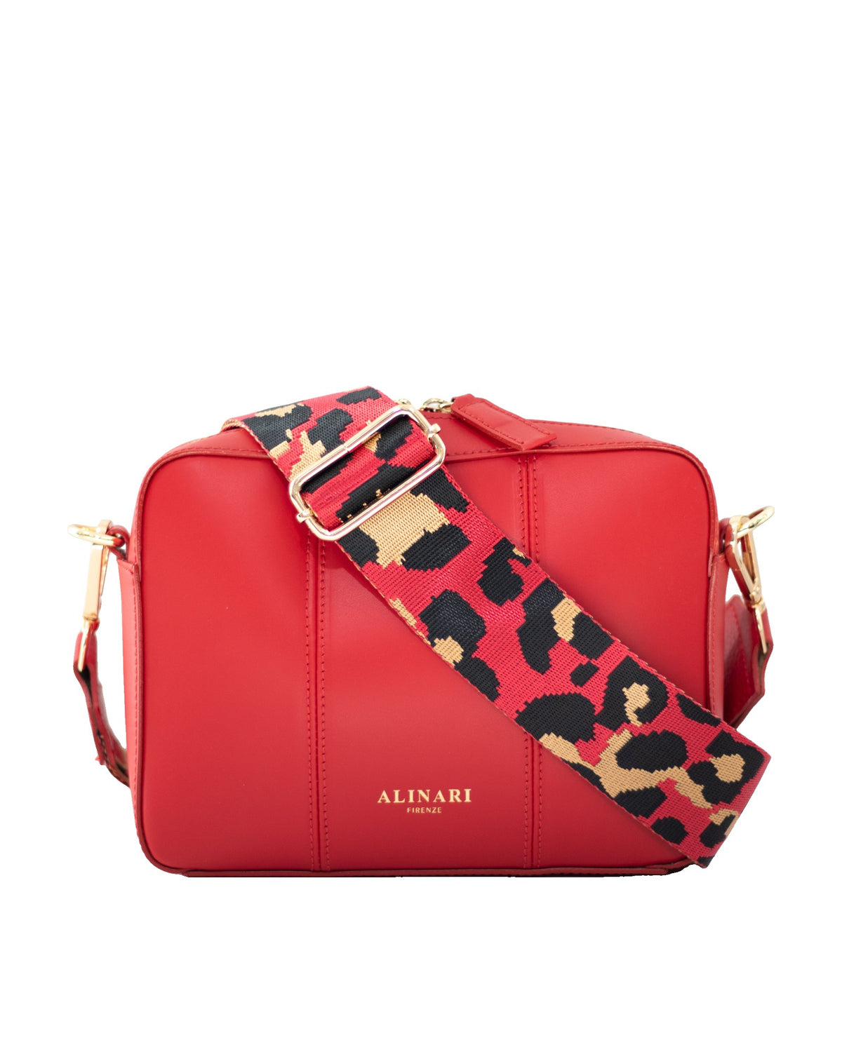 Flavia, crossbody bag in red Italian Ruga leather – front view with shoulder strap – Made in Italy