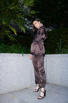 Francesca, kimono top and trouser set in chocolate 100% Mulberry silk – on model 3 – Alinari Firenze
