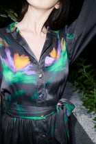 Ginevra, shirt dress in charcoal print 100% Mulberry silk – on model 3 – Alinari Firenze