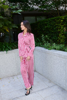 Justina, wrap top and trouser set in raspberry and white striped 100% Mulberry silk – on model 3 – Alinari Firenze