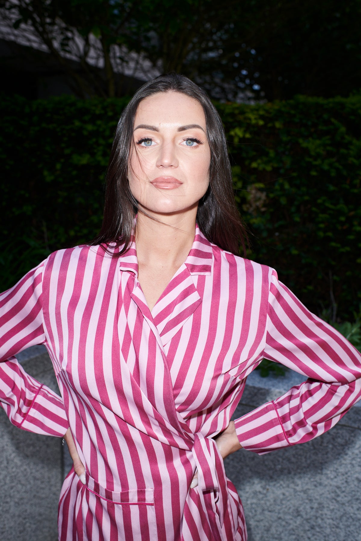 Justina, wrap top and trouser set in raspberry and white striped 100% Mulberry silk – on model 4 – Alinari Firenze