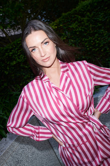 Justina, wrap top and trouser set in raspberry and white striped 100% Mulberry silk – on model 5 – Alinari Firenze