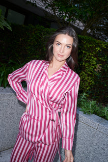 Justina, wrap top and trouser set in raspberry and white striped 100% Mulberry silk – on model 6 – Alinari Firenze