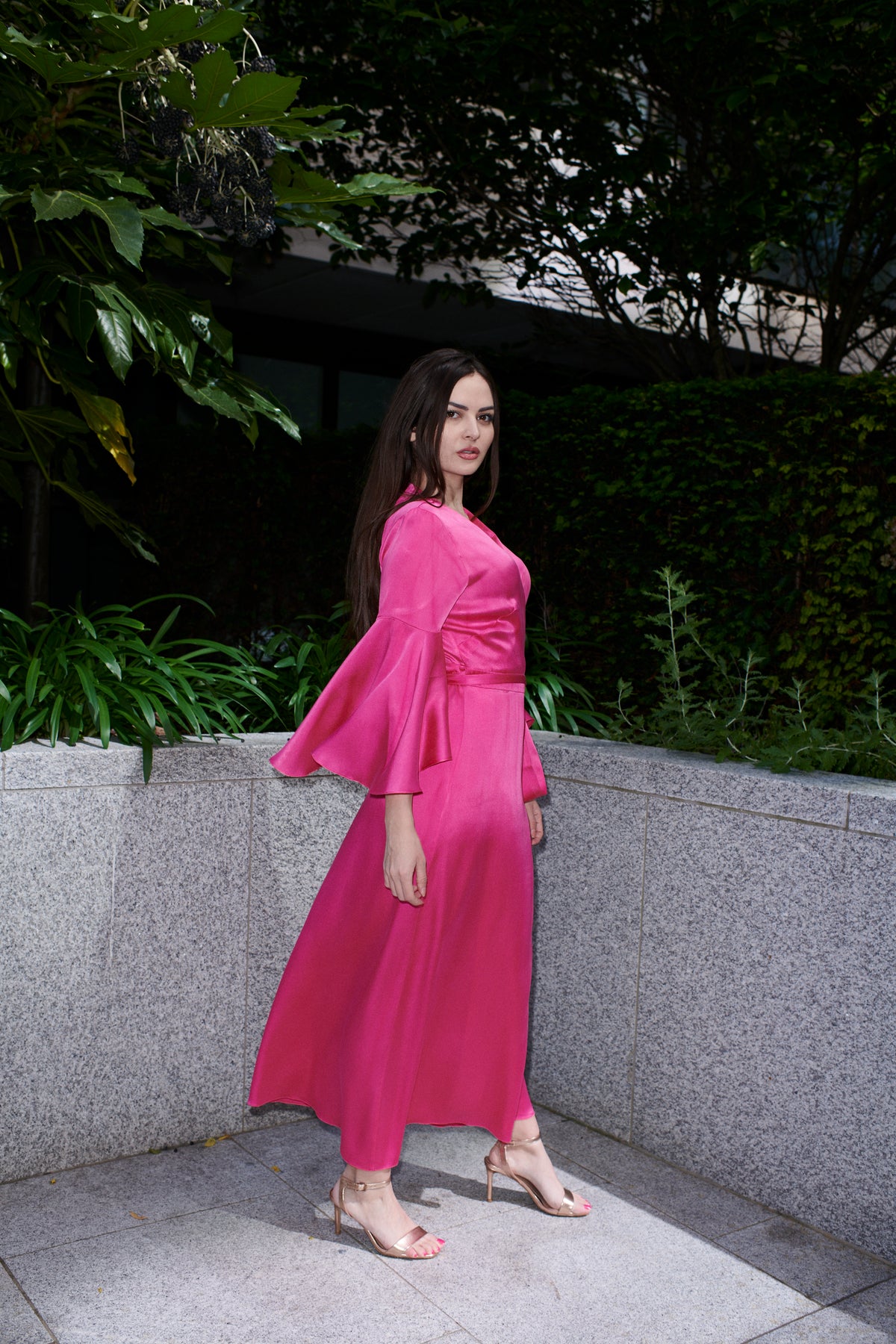Luna, silk maxi shirt dress in sapphire blue 100% Mulberry silk – on model 2 – Alinari Firenze