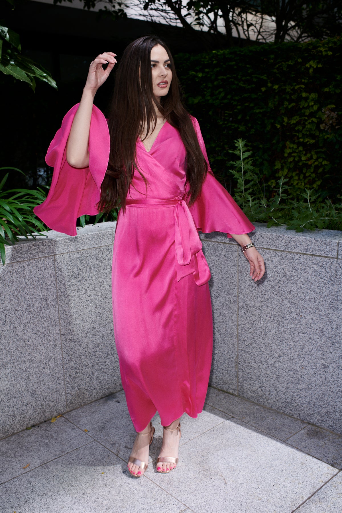 Luna, silk maxi shirt dress in sapphire blue 100% Mulberry silk – on model 5 – Alinari Firenze