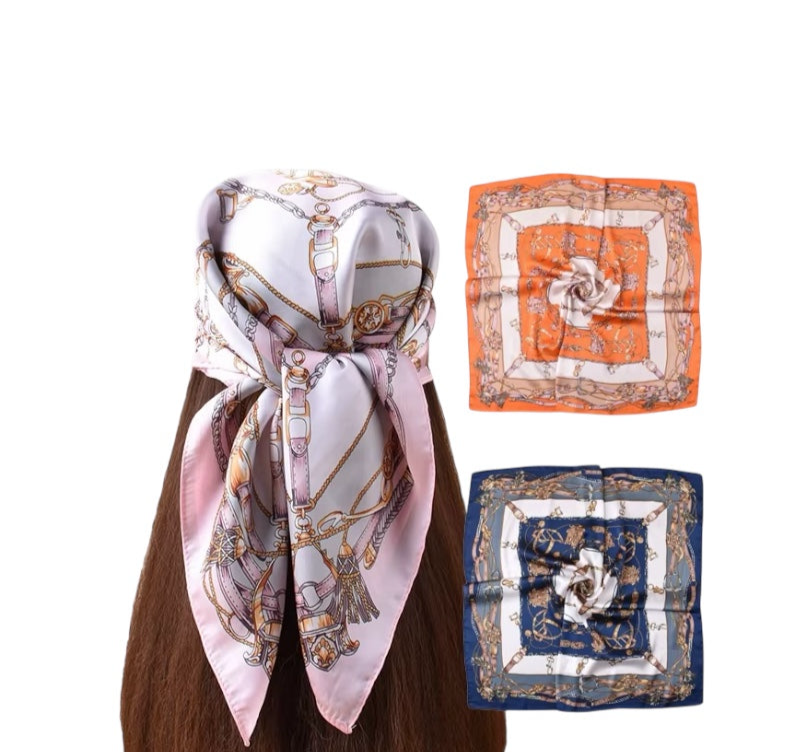 Luxury Mulberry Silk Scarf, square silk scarf in pink, orange and blue 100% Mulberry silk – front view – Alinari Firenze