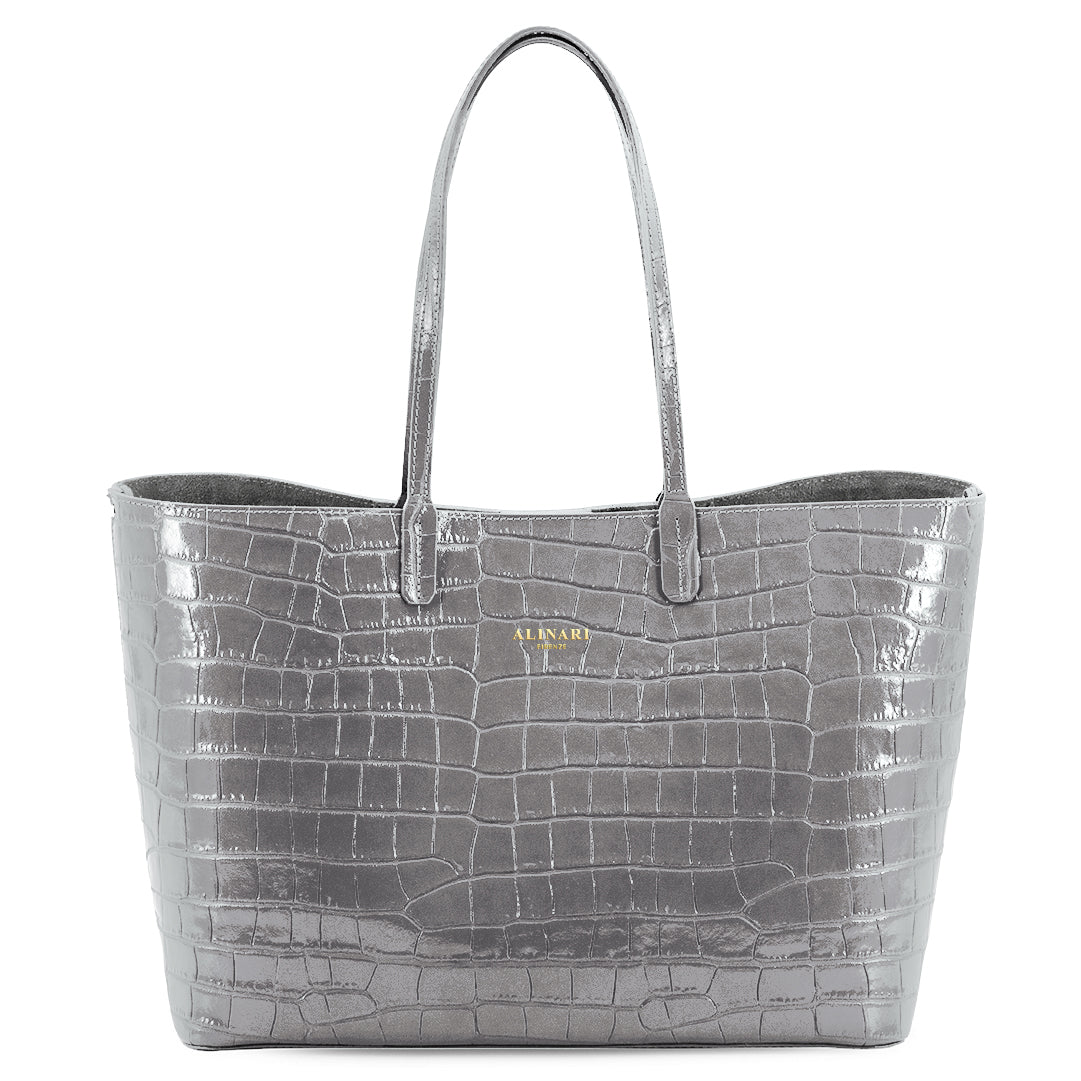 Maxima Croco Tote, laptop tote in grey croc-embossed Italian leather – front view