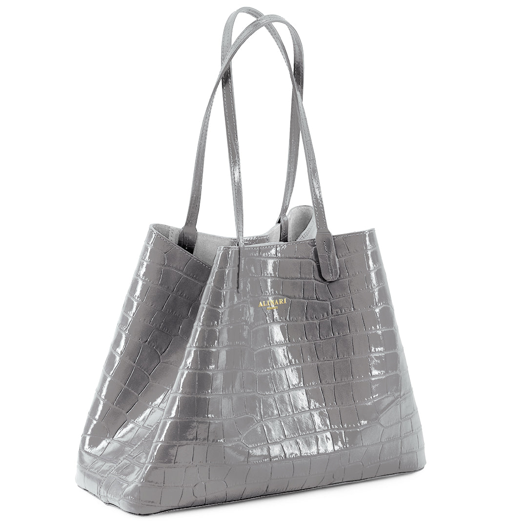 Maxima Croco Tote, laptop tote in grey croc-embossed Italian leather – angled view with the open top