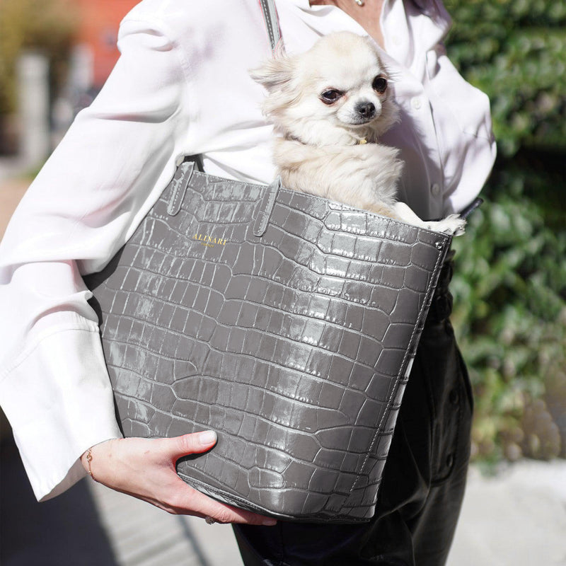 Maxima Croco Tote, laptop tote in grey croc-embossed Italian leather – carried by hand