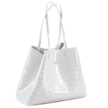Maxima Croco Tote, laptop tote in white croc-embossed Italian leather – angled view with the open top
