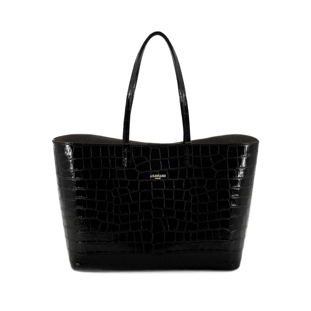 Maxima Croco Tote, laptop tote in black croc-embossed Italian leather – front view – Made in Italy